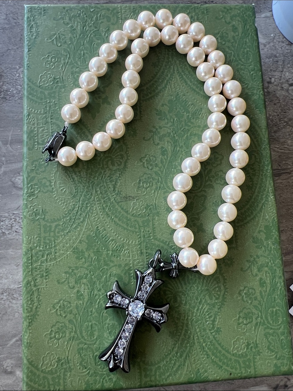 Pearl Bead Necklace with Black dark grey chrome Cross Pendant - Cream Pearls new